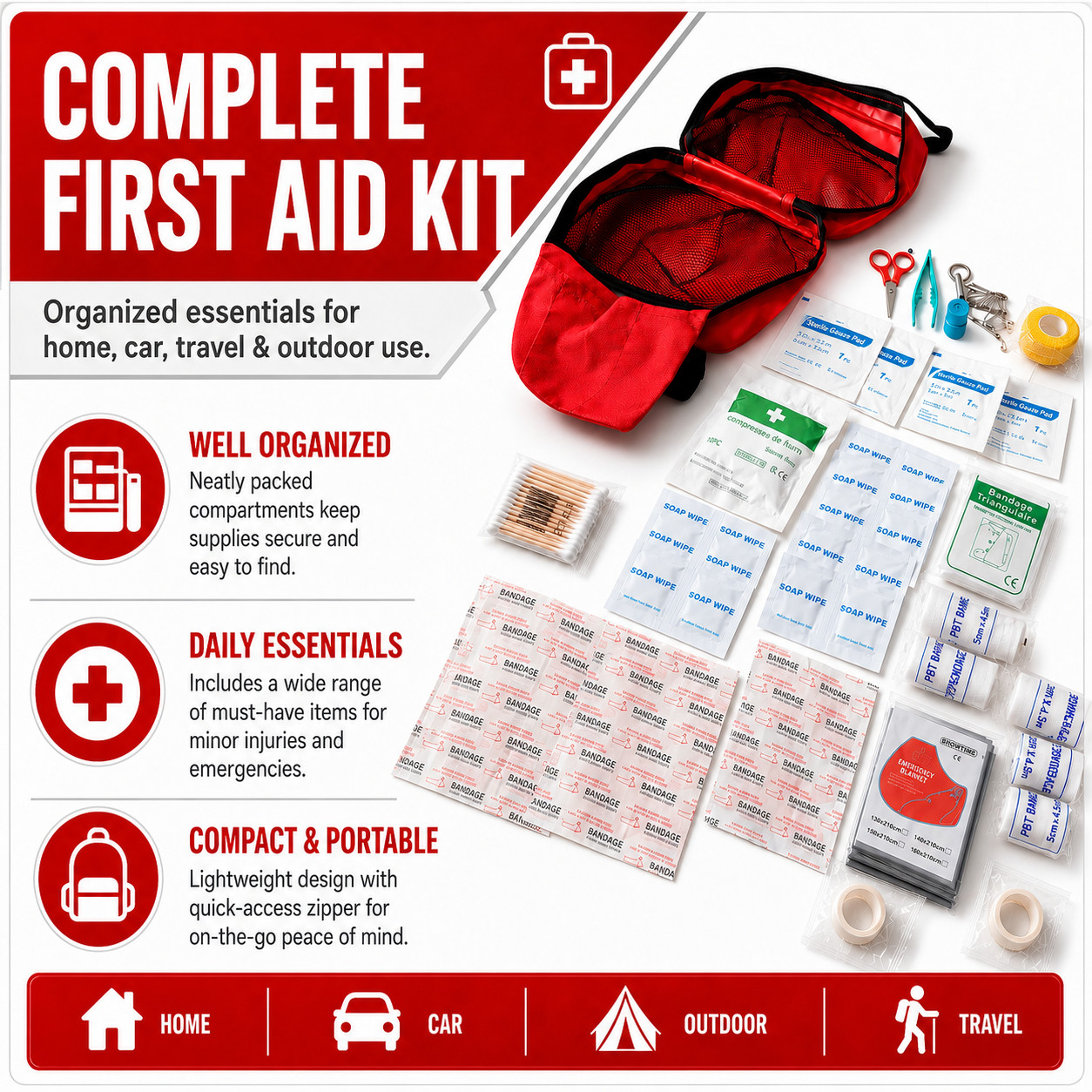 Complete First Aid Kit Emergency Medical Bag for Home Car Travel Camping Outdoor