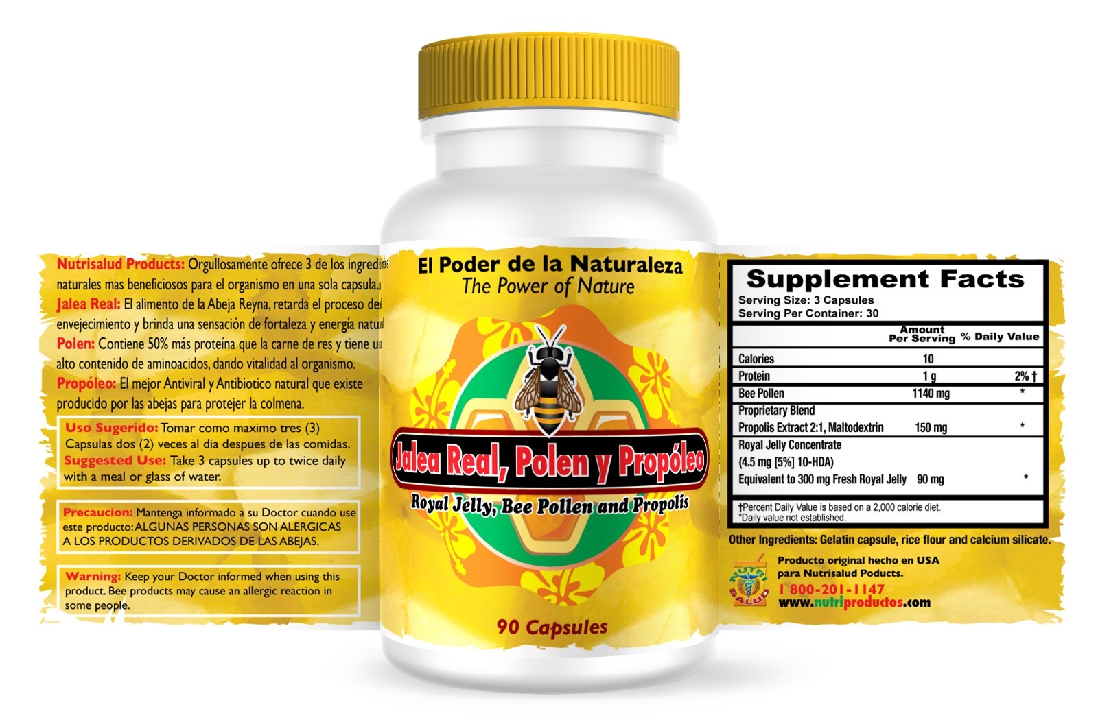 Jalea Real, Polen y Propoleo en una sola capsula. Set de 2 frascos 90 caps c/u