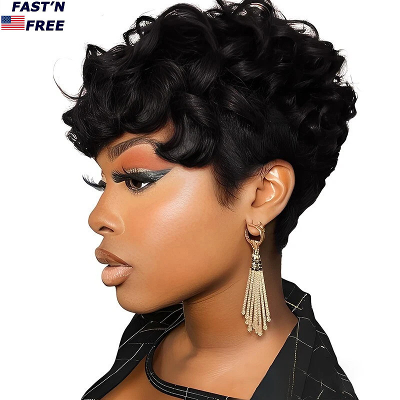 Short Curly Layered Pixie Cut Wigs for Women Human Hair Wave Wigs None Lace USA