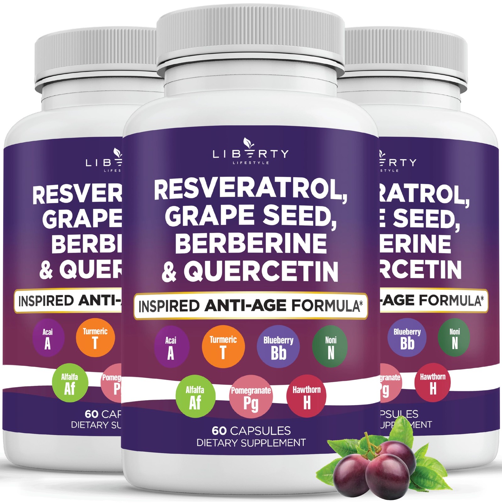 Liberty Lifestyle Resveratrol, Berberine, Grape Seed 60 Count (Pack of 3)