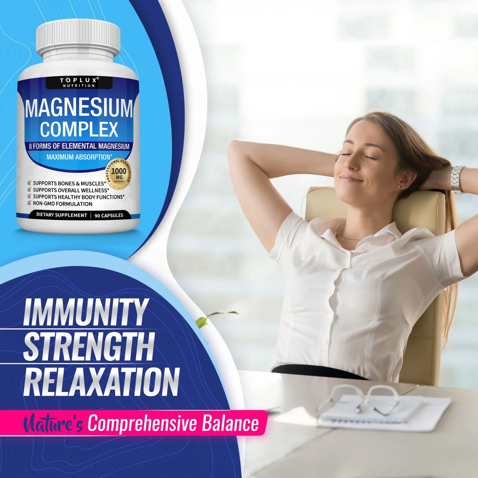 Toplux Magnesium Complex 1000mg Supplement 8 Forms for Bone & Muscle Support