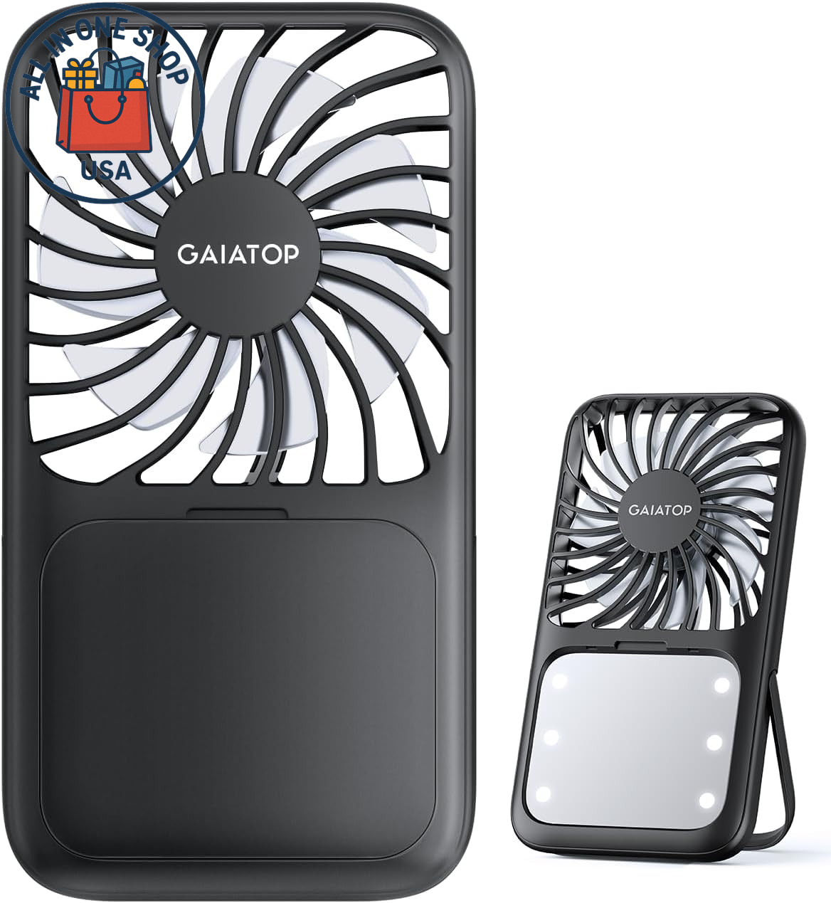 Portable Handheld Fan with LED Mirror and Rechargeable Battery