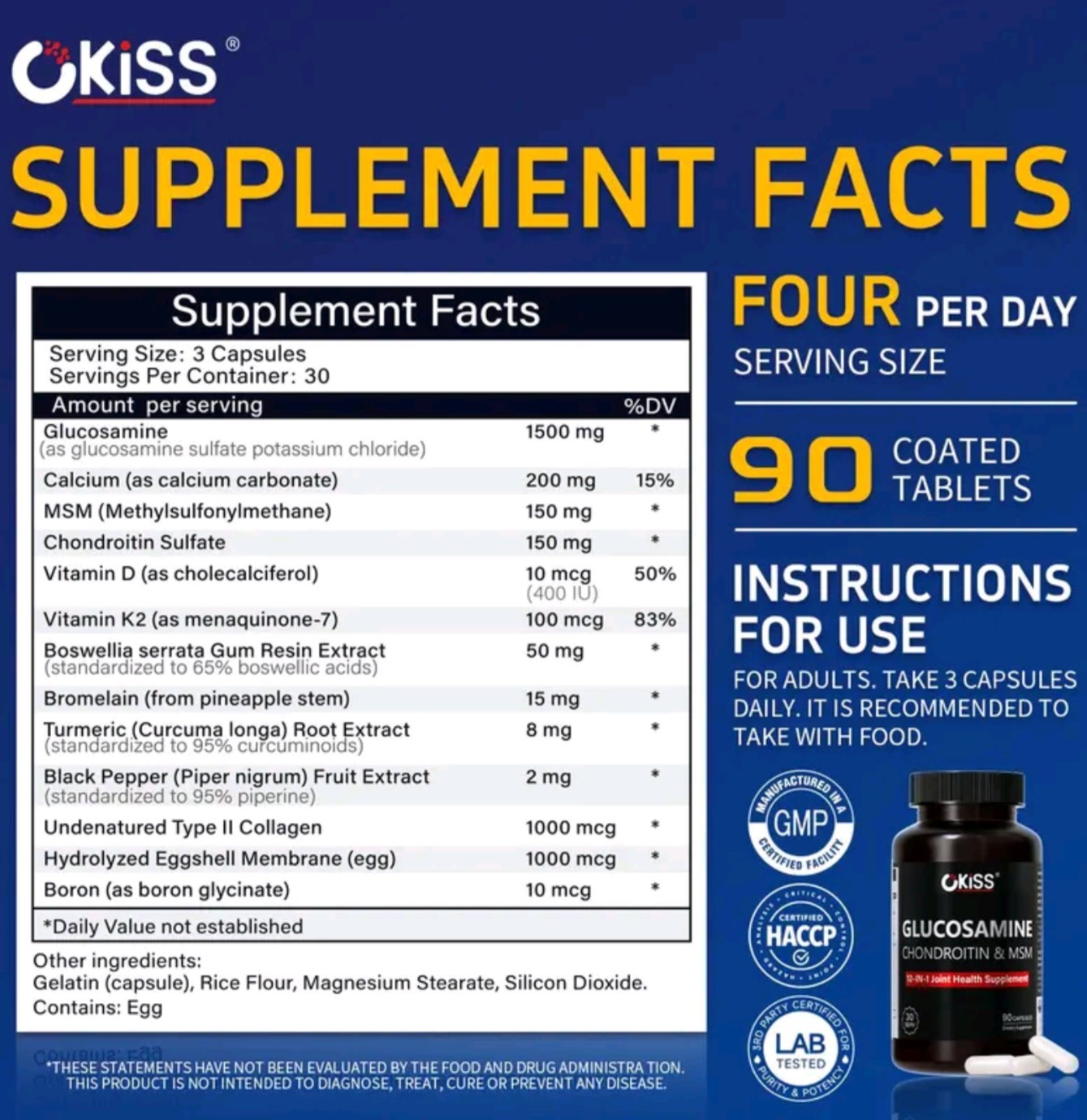 Okiss Glucosamine Chondroitin MSM 2077mg 12-in-1 Joint Support 90 Capsules New