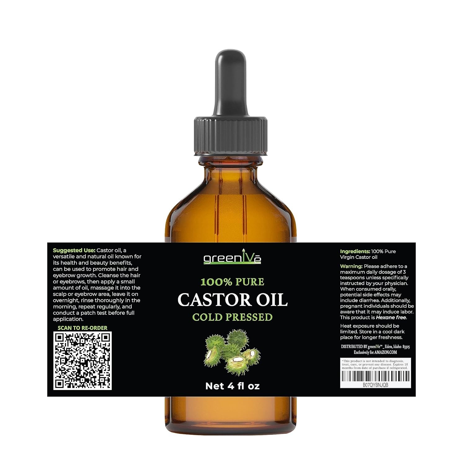 100% Pure Castor Oil – Cold-Pressed, Hexane-Free – Hair, Eyebrows, Eyel