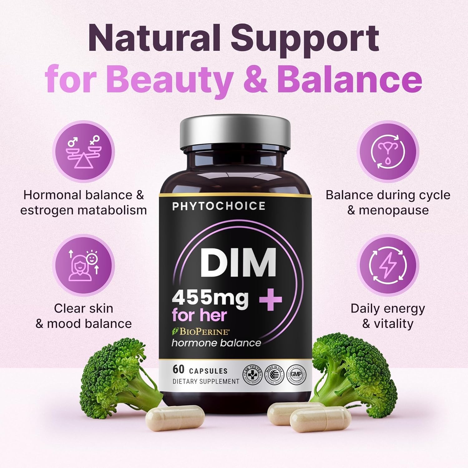 Phytochoice DIM (Diindolylmethane) 350mg w/ Bioperine & Brocolli Extract 60 Days