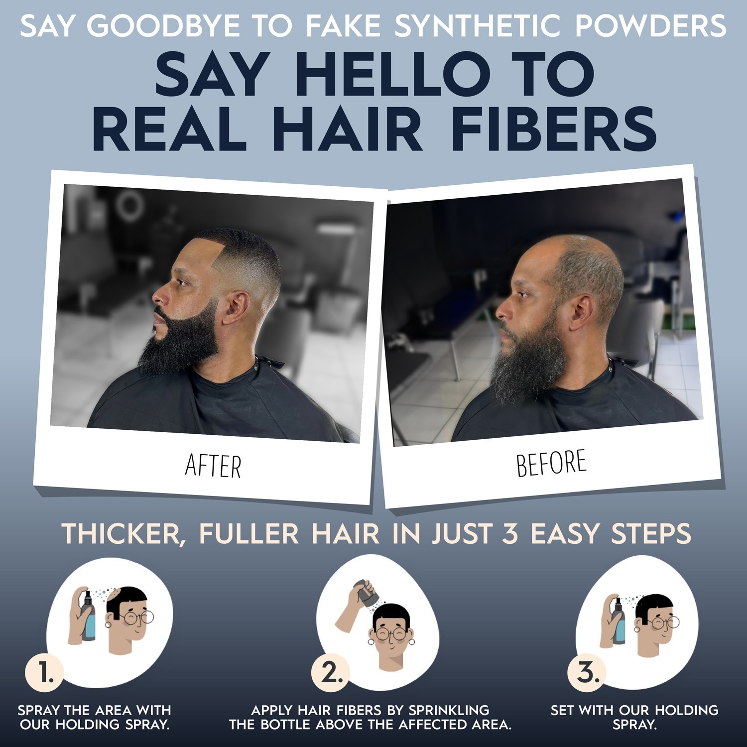 Hair Illusion Hair Fibers Kit: 18g BLACK Fibers, Water Resistant Spray. Applic