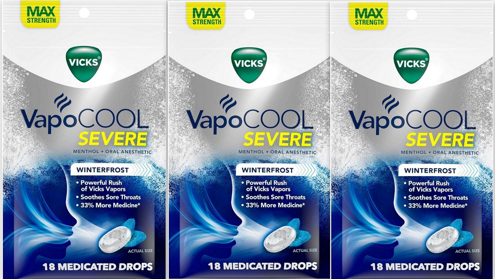 Vicks VAPOCOOL Severe Medicated Drops WINTERFROST 18ct ( 3 pack ) ^