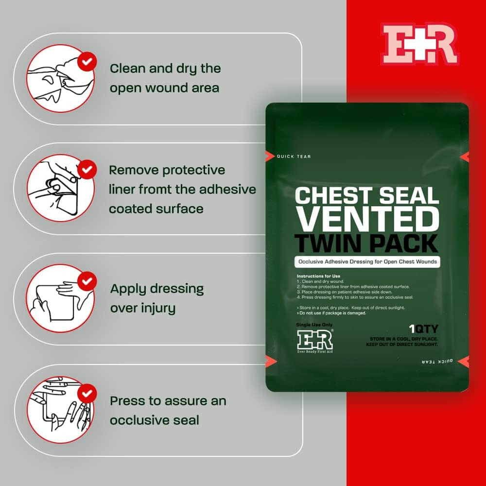Ever Ready First Aid Vented Chest Seal Twin Pack for Wounds 6.6”