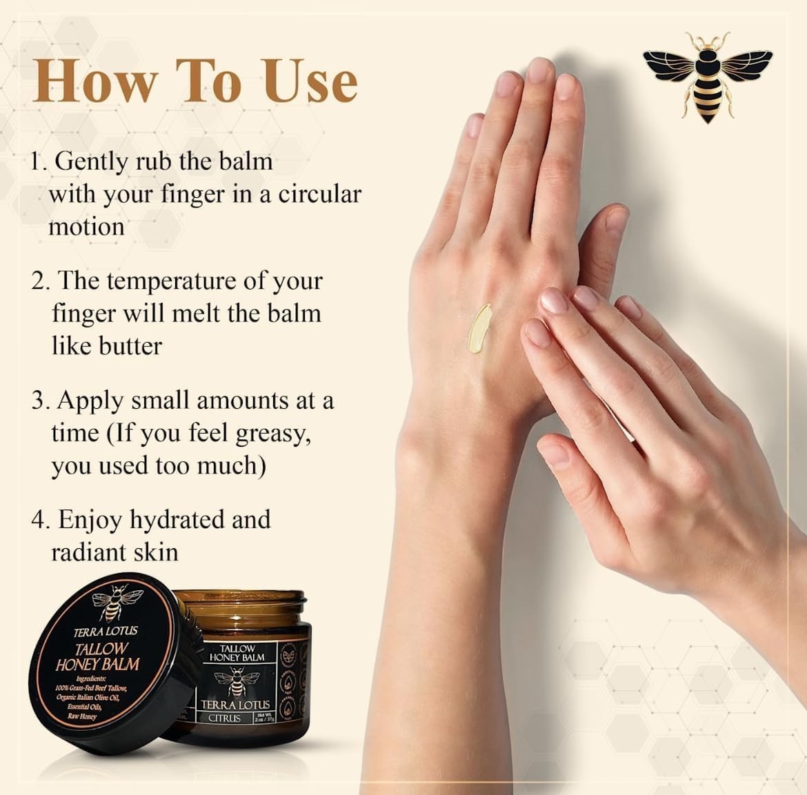 Organic Grass-Fed Beef Tallow Balm with Raw Honey-Moisturizing Cream 2 Oz,Citrus