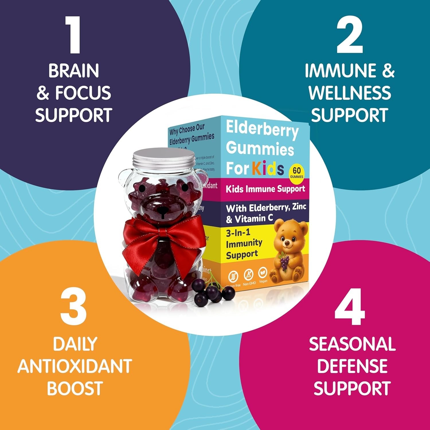 Elderberry Gummies for Kids with Vitamin C & Zinc Immune Health | 60 Gummies
