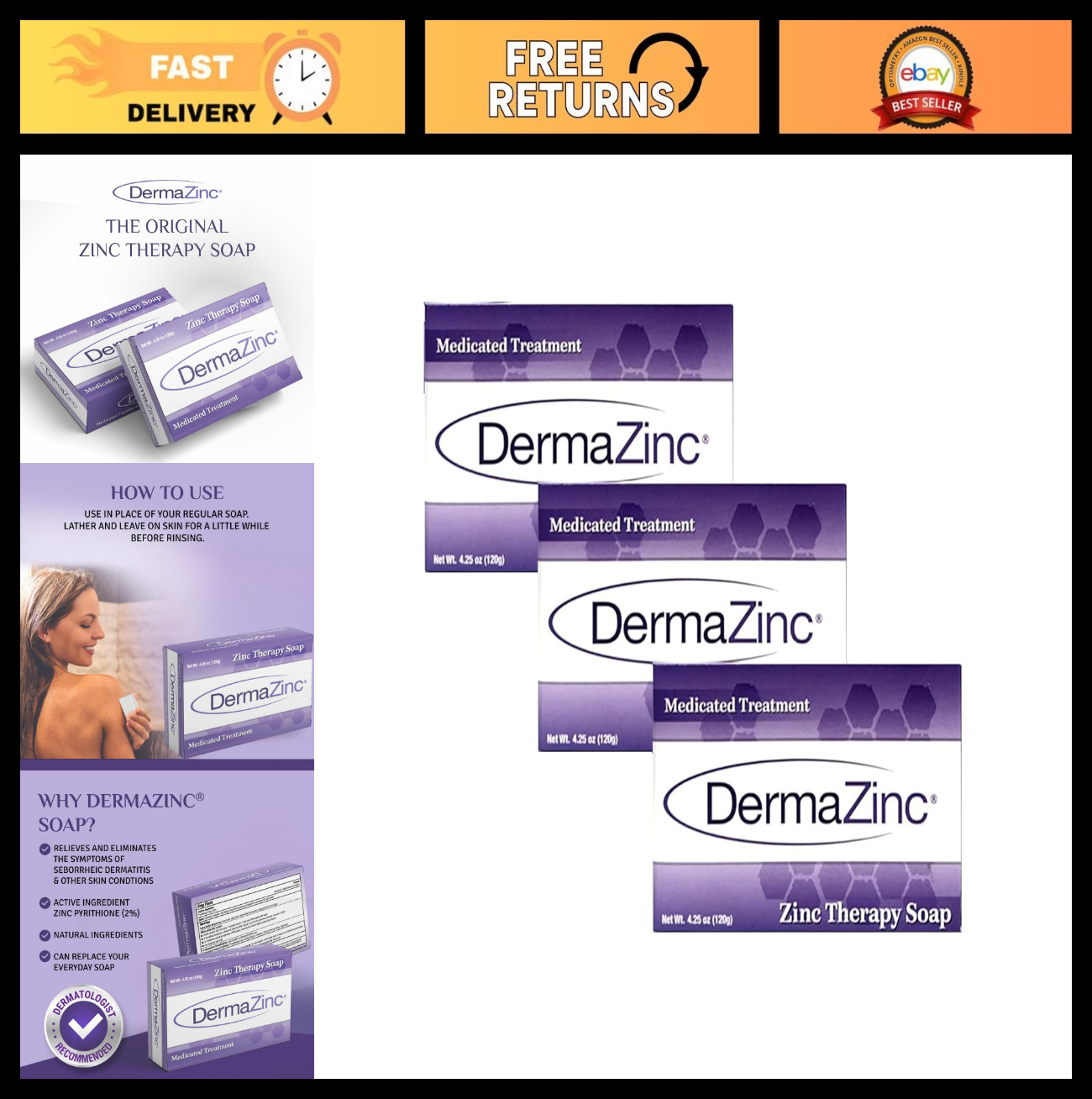 Therapeutic Zinc Soap for Skin Relief – Psoriasis, Eczema, Dermatitis (3 Pack)