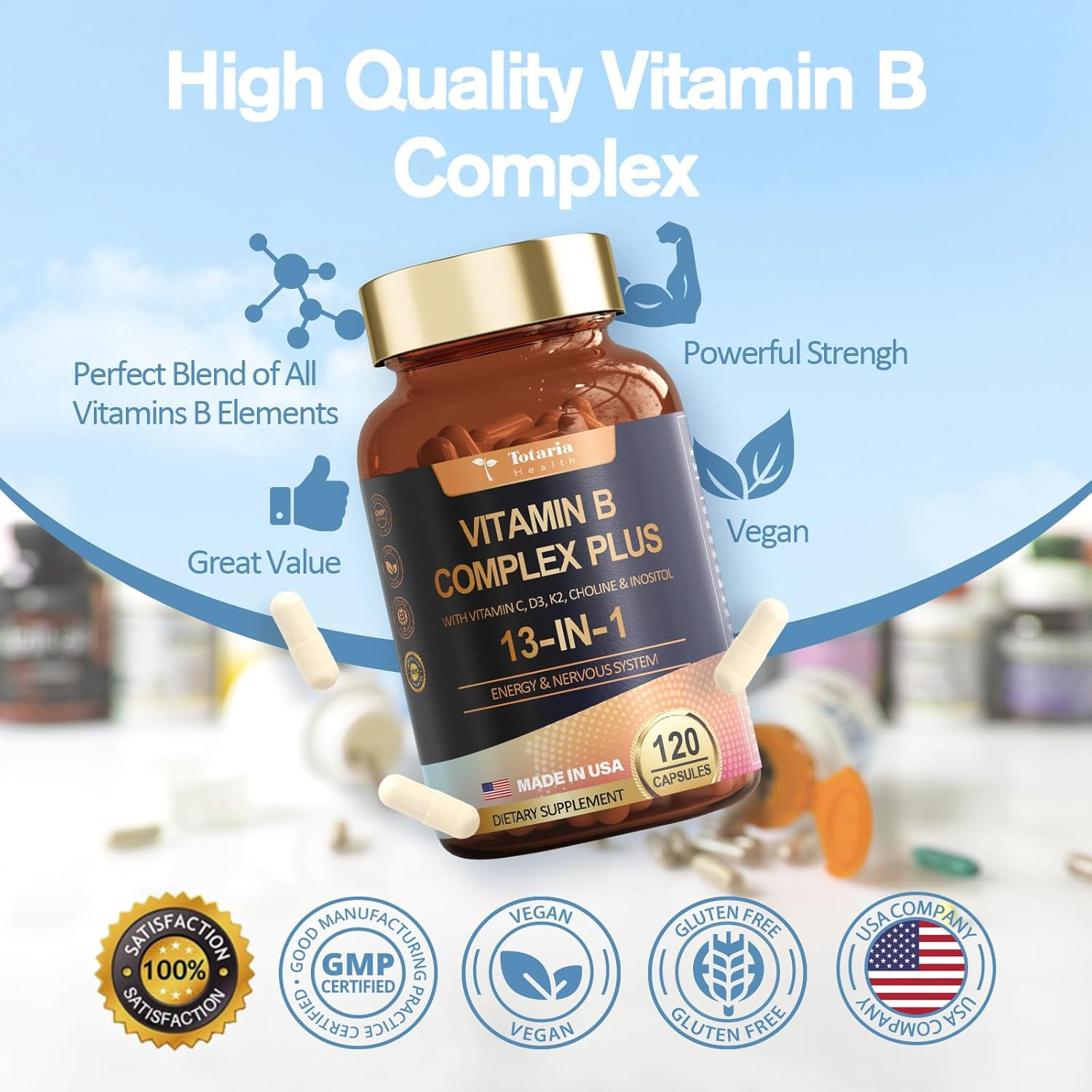 13-In-1 Vitamin B Complex plus with Vitamin B1, B2, B3 (Niacinamide), B4, B5, B6