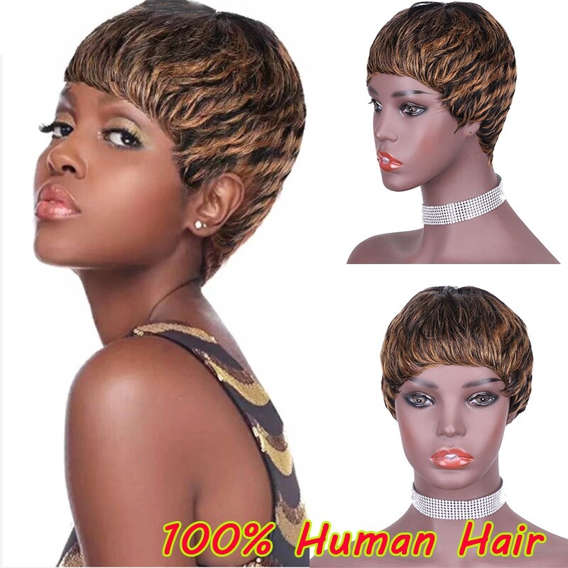 Short Pixie Cut Wigs 100% Human Hair Wigs Highlight Blonde Black Wigs None Lace