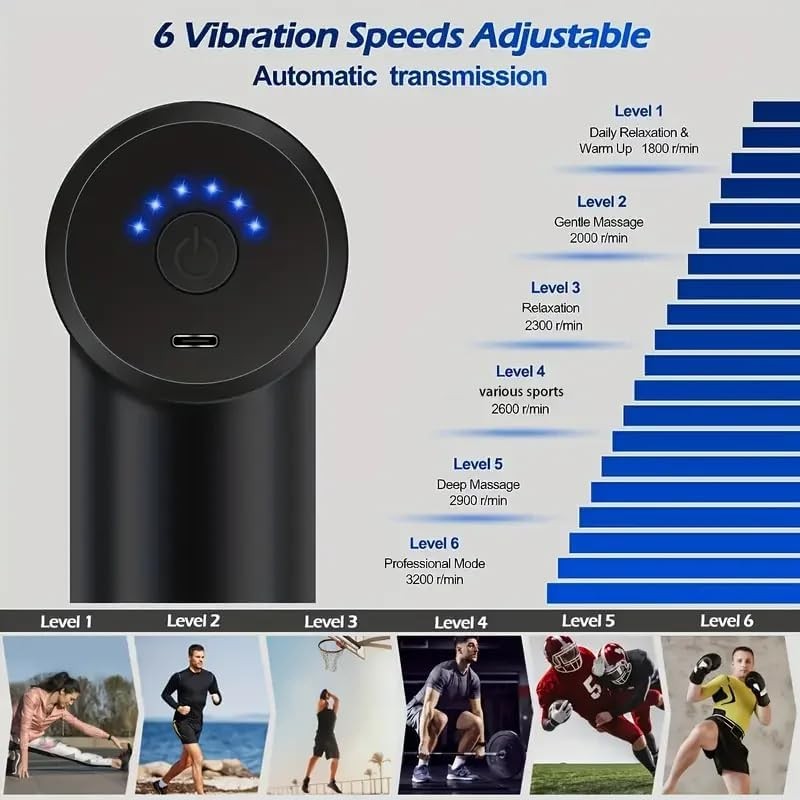 Handheld Massage Gun, 6 Speed Settings, 4 Massage Head Attachments (Black)