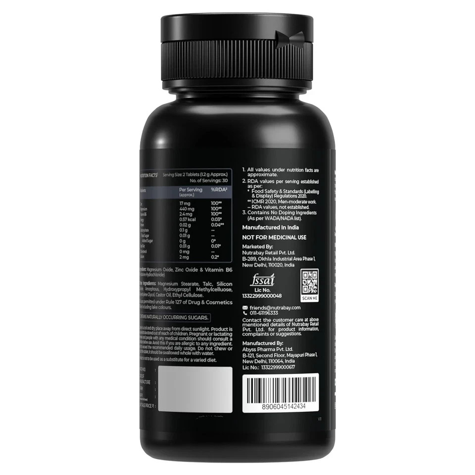 Nutrabay Pro Zinc Magnesium spartate & Vitamin B6 60 Veg Tablets