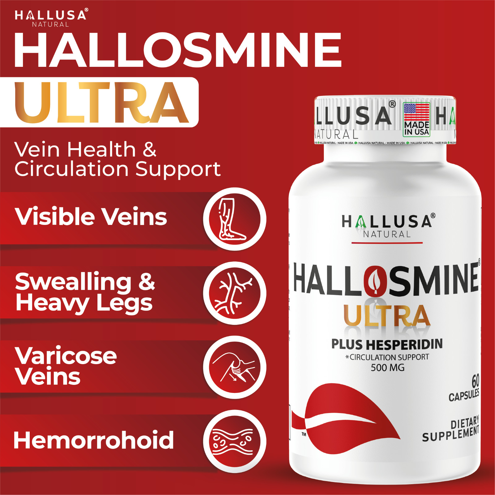 2 pack Hallosmine cream + Free Hallosmine Ultra Diosmin, Vein support supplement