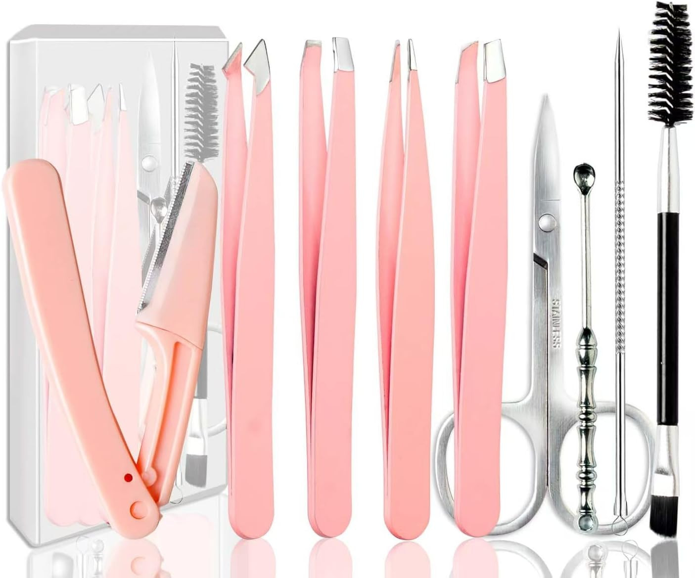 10Pc Eyebrow Tweezers Set Razor Scissors Blackhead Remover Grooming Kit