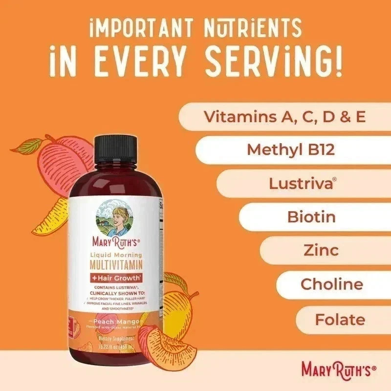 New Mary Ruth’s Liquid Morning Multivitamin Hair + Growth Peach Mango 15.22OZ…