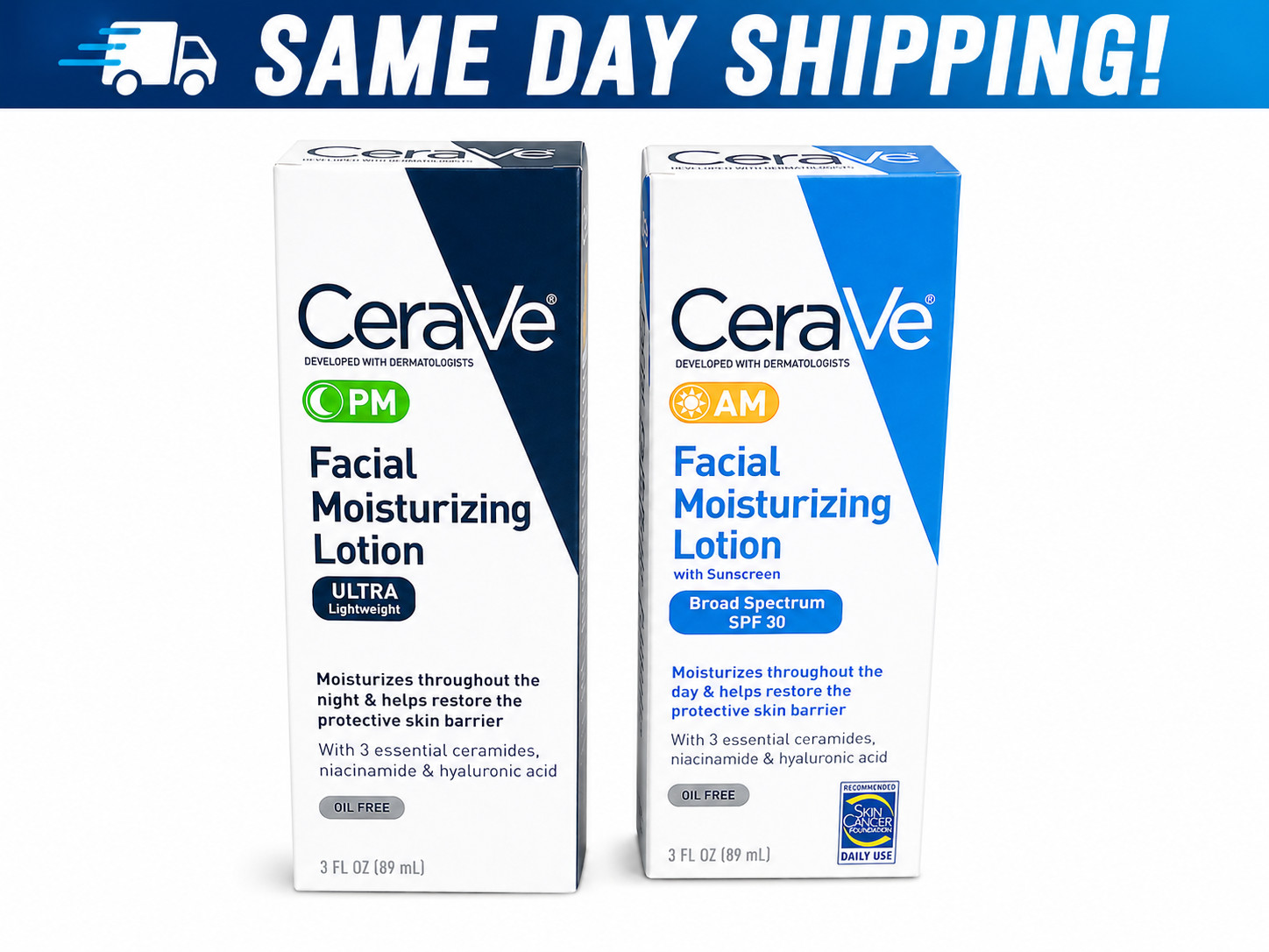 CeraVe AM/PM Facial Moisturizing Lotion Skin Care Set Ultra Lightweight 3oz New