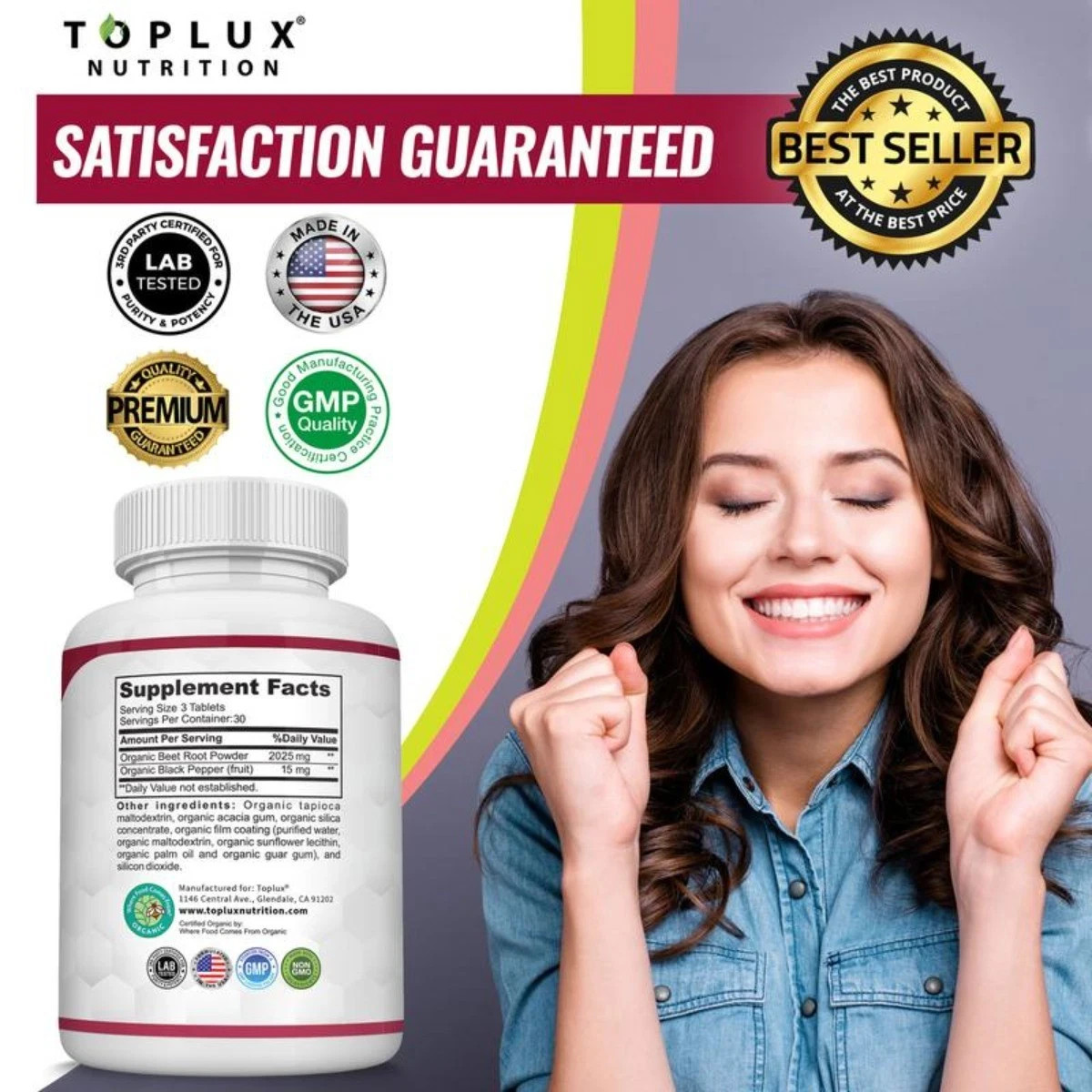 Toplux Organic Beet Root 2040mg, Nitric Oxide Boost Supplement Tablets