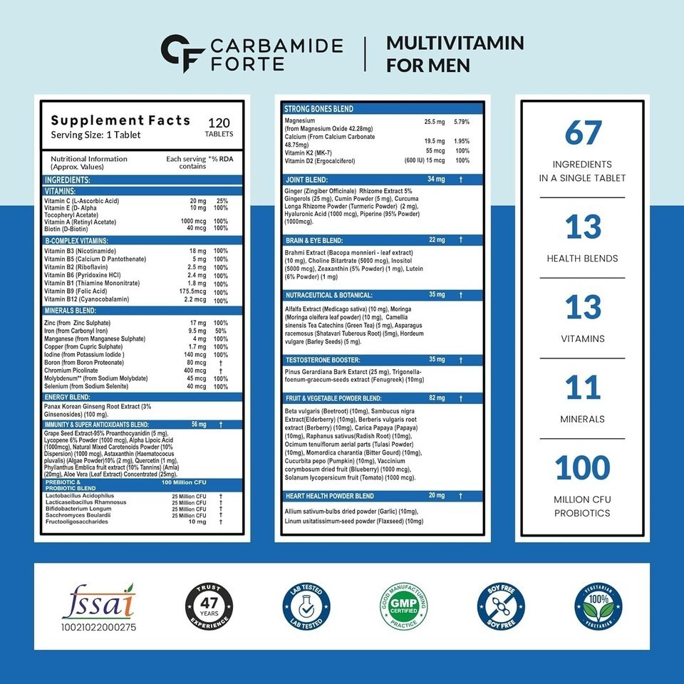 Carbamide Forte Multivitamin for Men for Immunity & Energy – 120 Veg Tabs