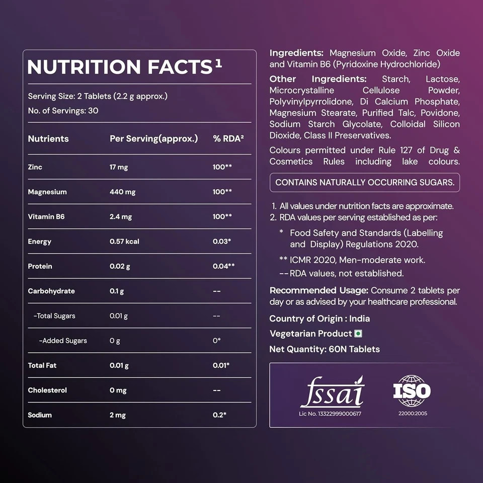 Nutrabay Pro Zinc Magnesium spartate & Vitamin B6 60 Veg Tablets