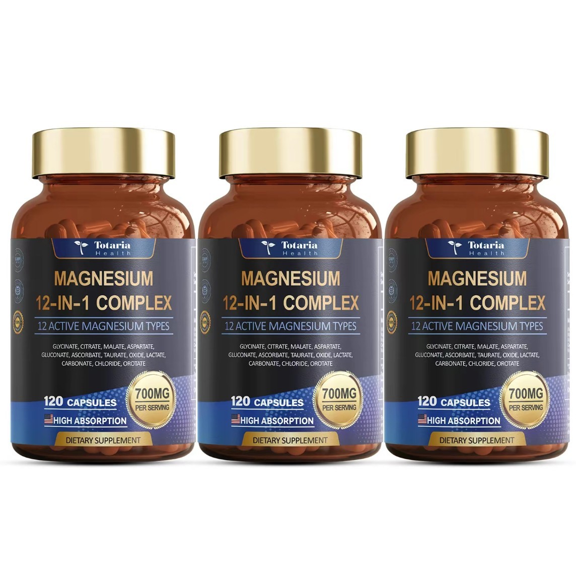 Totaria 12‑in‑1 Magnesium Complex 700mg Advanced Supplement Featuring Glycinate,