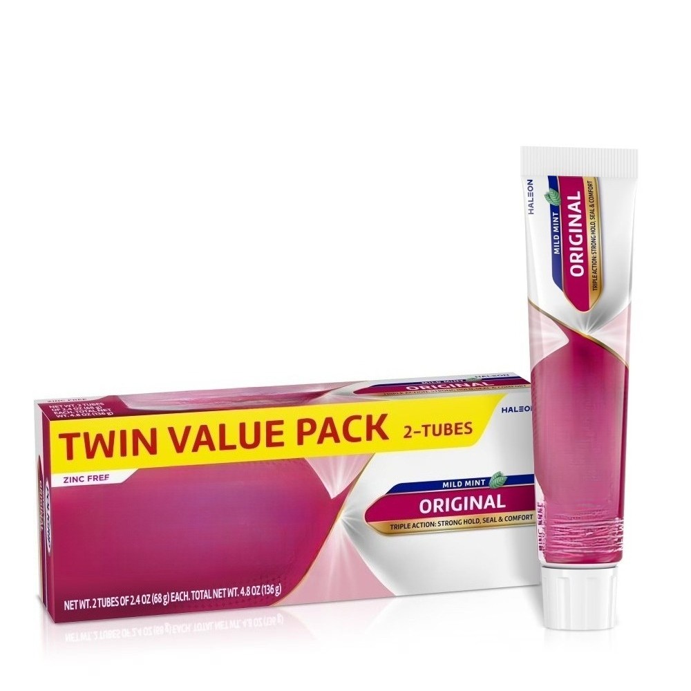 Denture Adhesive Cream, Fresh Mint Flavor, Zinc-Free – 2.4 Oz (2 Pack)