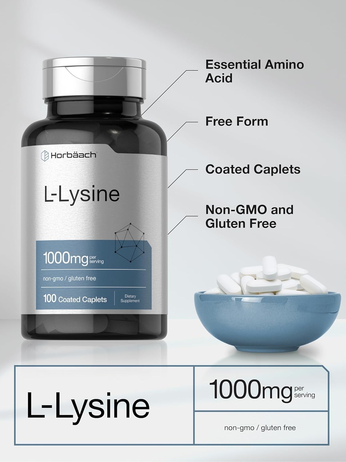 L-Lysine 1000mg | 100 Caplets | Free Form Supplement | Vegetarian | by Horbaach