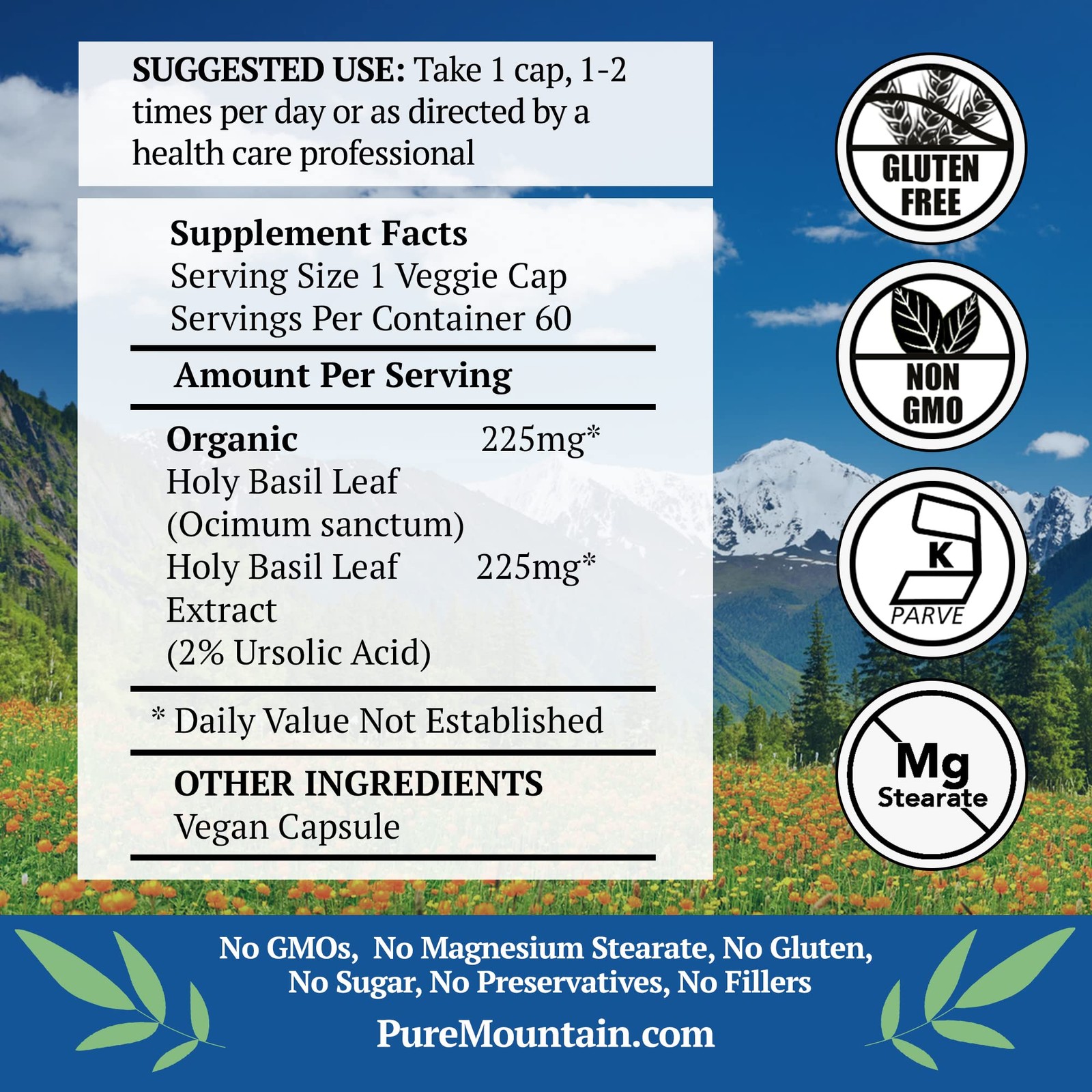 Pure Mountain Botanicals Holy Basil Supplement – Kosher Organic Tulsi Capsules