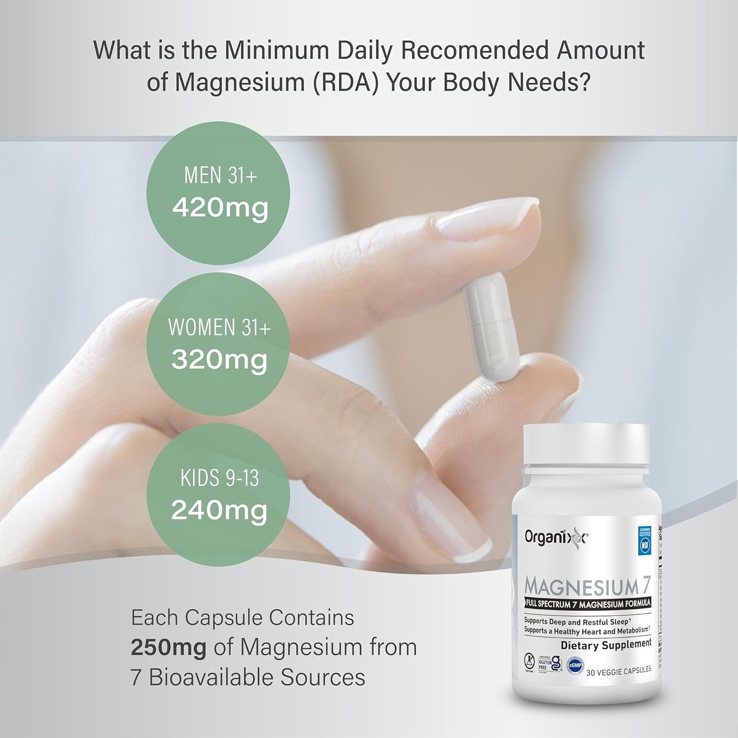 (1-3 Bottles) Organixx Magnesium 7 Supplement, Natural Sleep Support Capsules