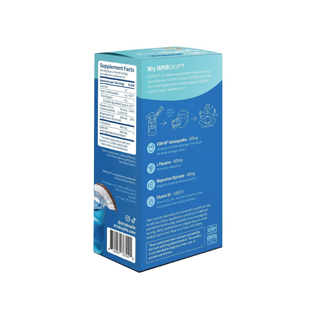 Nello Supercalm Calming Drink Mix Supplement Powder – Blue Coconut – 10ct