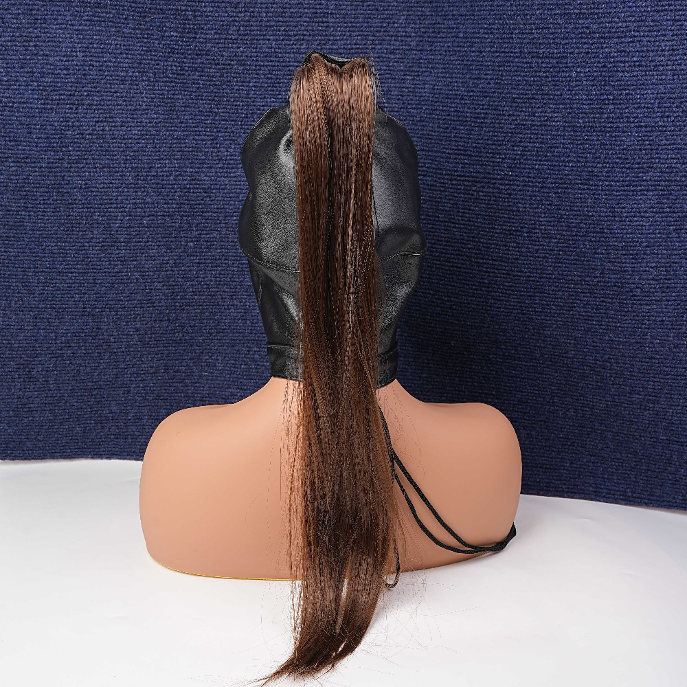 Adult Unisex PU Leather Gimp Head Harness Headgear Hood Party Mask Ponytail Wigs