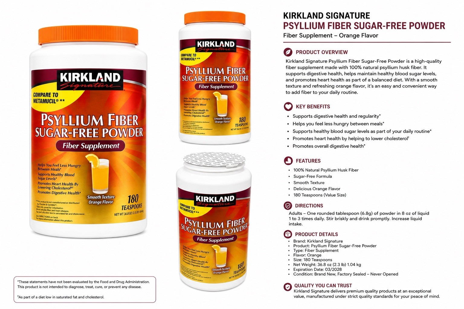 Kirkland Signature Psyllium Husk Fiber Powder Sugar-Free Orange 36.8 oz