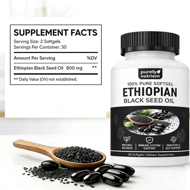 Ethiopian Black Seed Oil Softgels |4.64% Thymoquinone |Gluten-Free, 60 Capsules