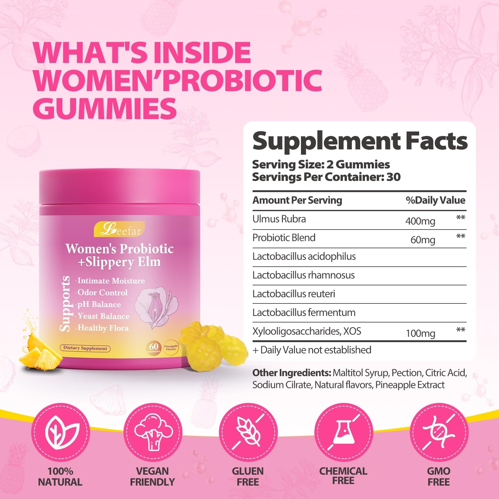 Leefar Her Juicy Probiotic Gummies – Slippery Elm, Gut & Vaginal Health, 60ct