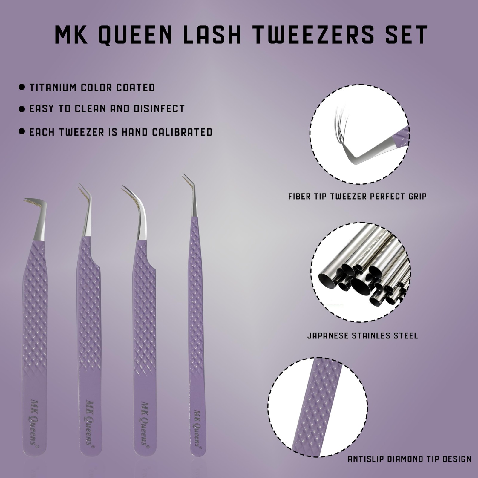 Mk Queens Lash Tweezers – Stainless Steel Fiber Tip Eyelash Tweezers Set Of 4 –