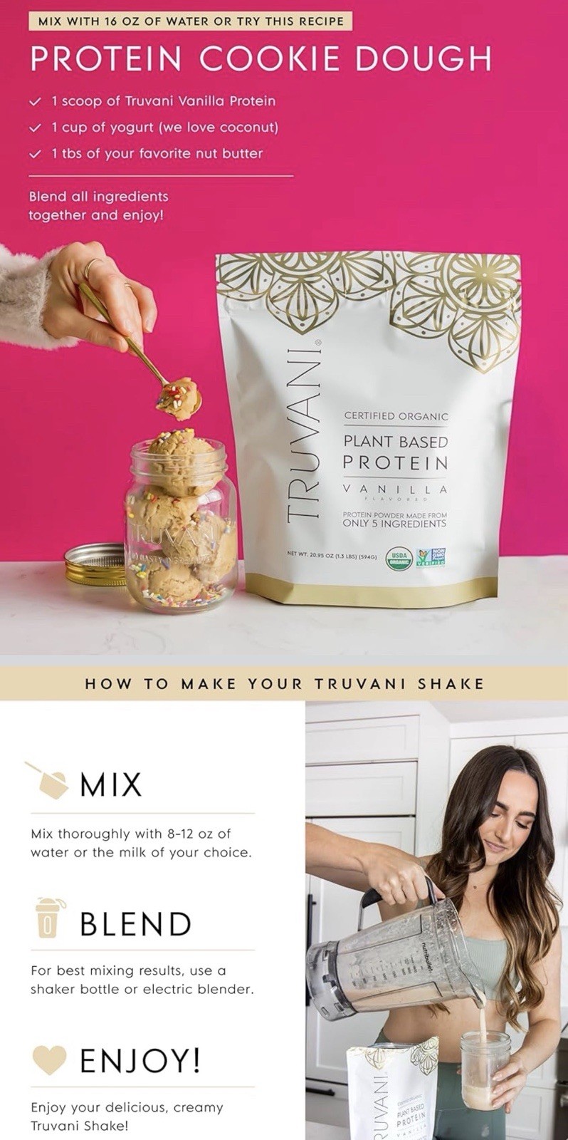 Truvani Organic Plant Based Protein Vanilla 20.95oz New Sealed Exp: 05/2027