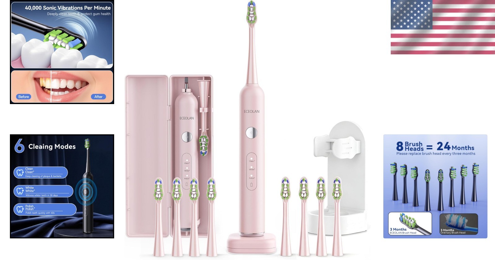 Rechargeable Sonic Toothbrush with 3 Modes & Travel Case – 60 Days Battery Life