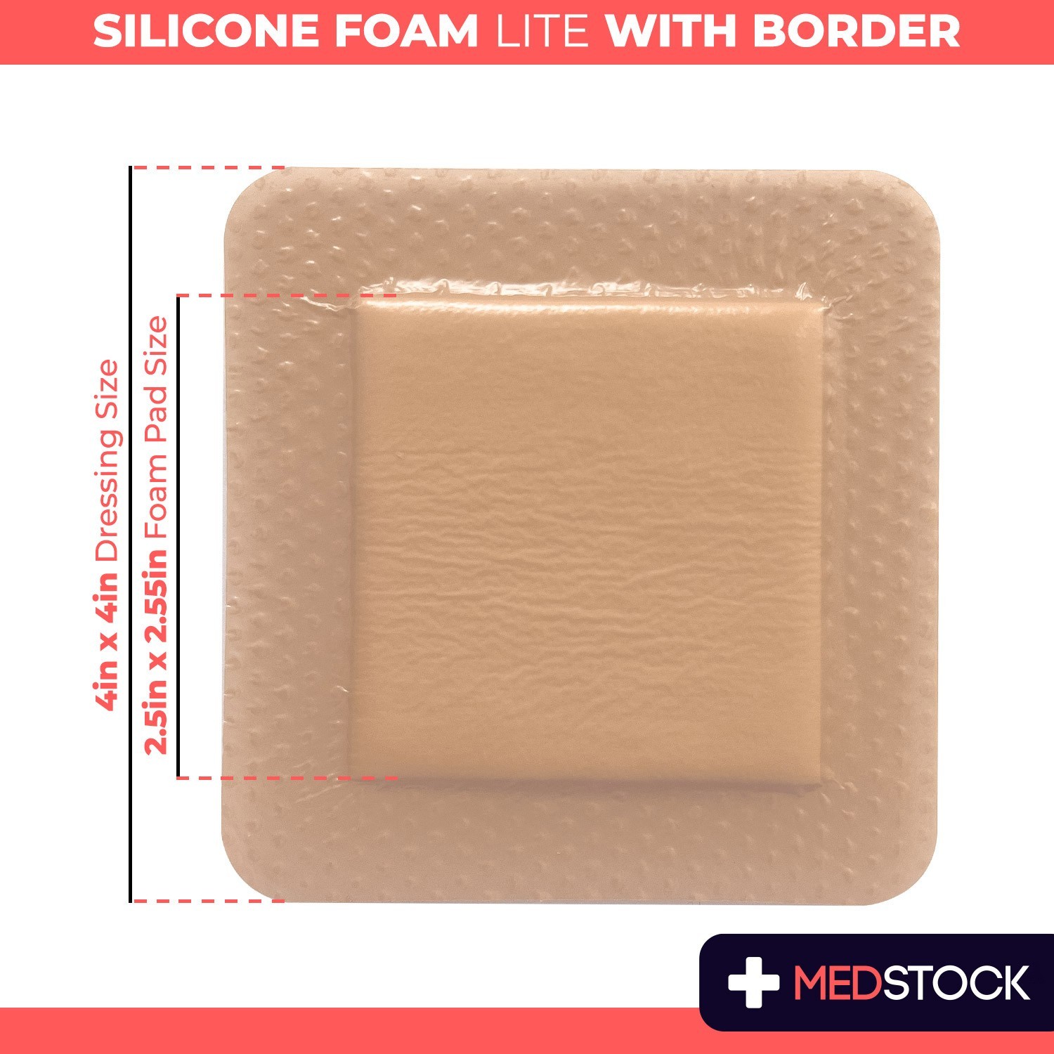 MEDSTOCK Silicone Foam Lite Dressing with Border – 4″ x 4″ (Box of 10)