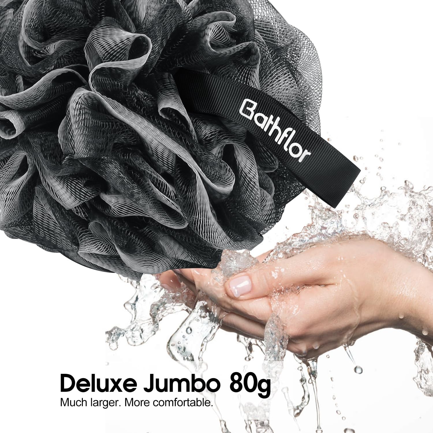 6 PCS Black Charcoal Loofah Set, 4 XL 80g Poufs, 1 Long Handle Back Scrubber