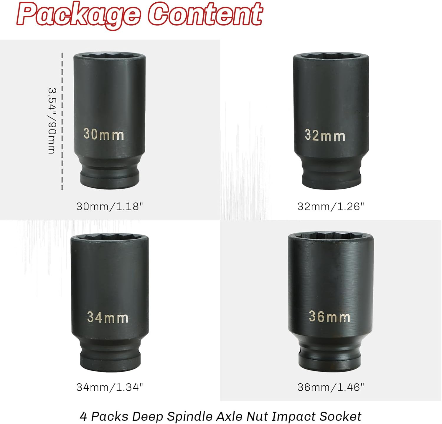 Heavy-Duty 1/2-Inch Drive Impact Socket Set | 4PCS Deep Spindle Axle Nut Socket