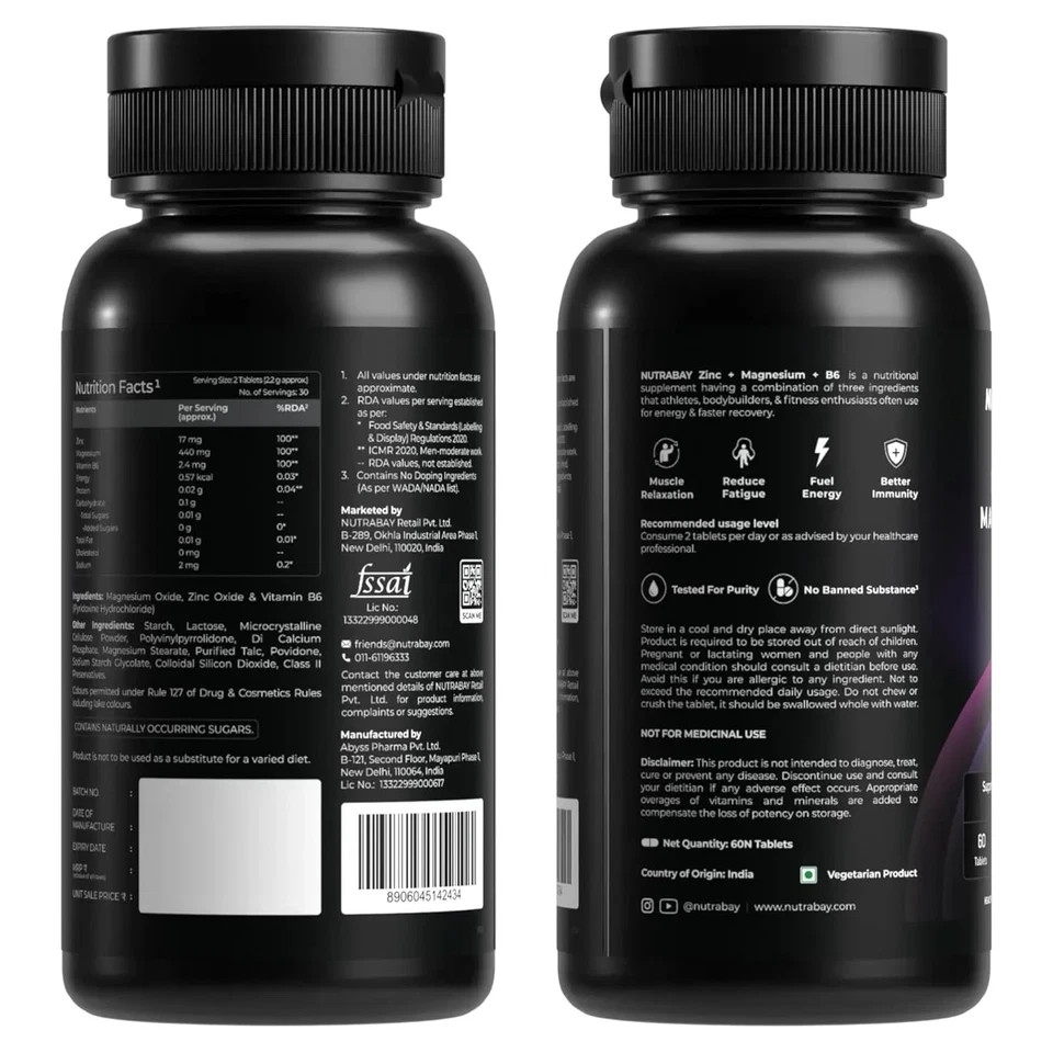 Nutrabay Pro Zinc Magnesium spartate & Vitamin B6 60 Veg Tablets