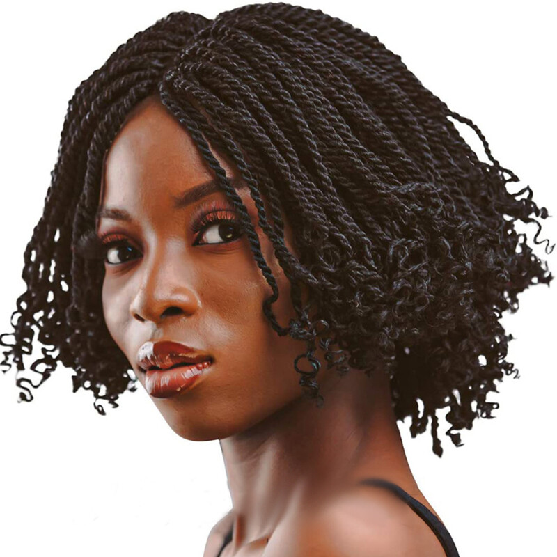 Short Bob Twisted Braids Wig Curly Black Wigs Synthetic Braided Wigs None Lace
