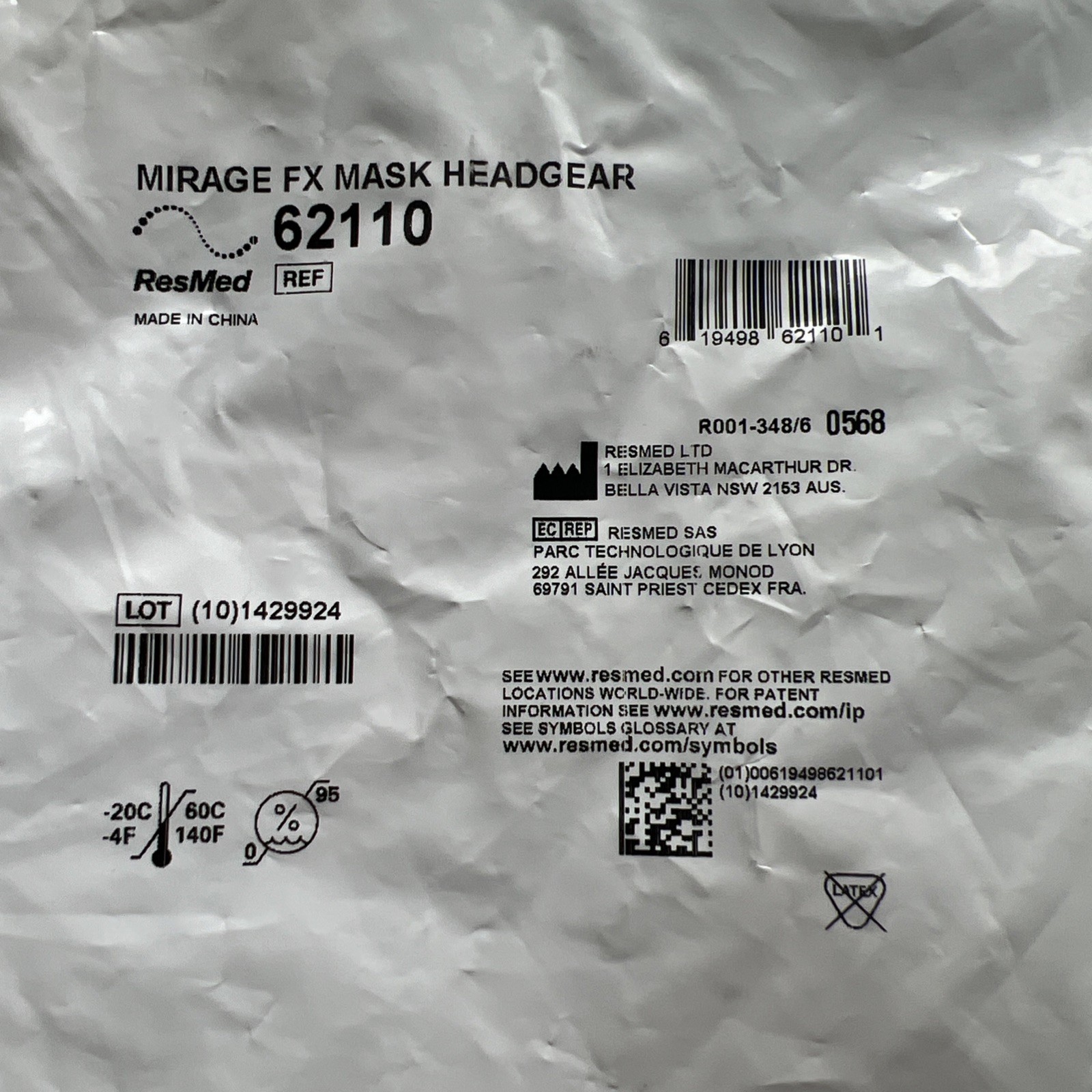 62110 ResMed Mirage FX Standard Size HEAD GEAR STRAP ONLY Sealed New