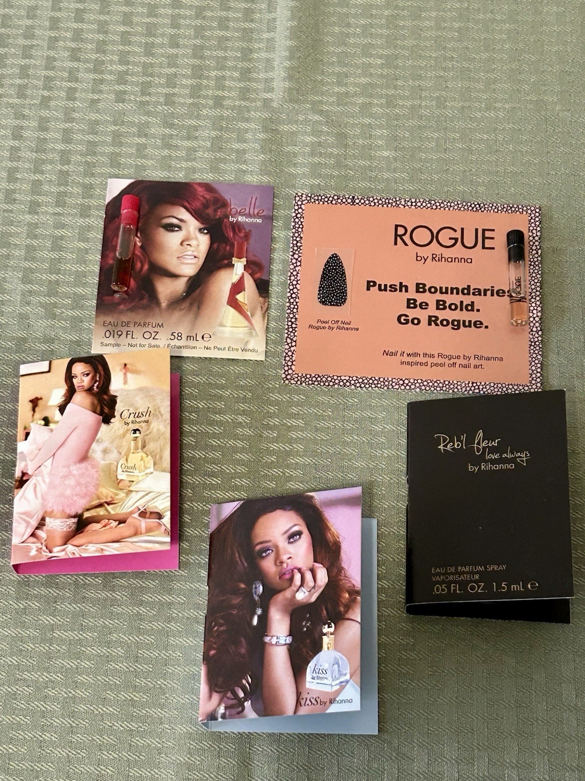 5 Rihanna Perfume Samples- Crush, Reb’l Fleur, Kiss, Rogue, Rebelle -NEW