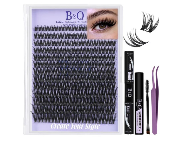 B&Qaugen Flora Lash Clusters Kit 156PCS D Curl Wispy DIY Eyelash Extension Kit
