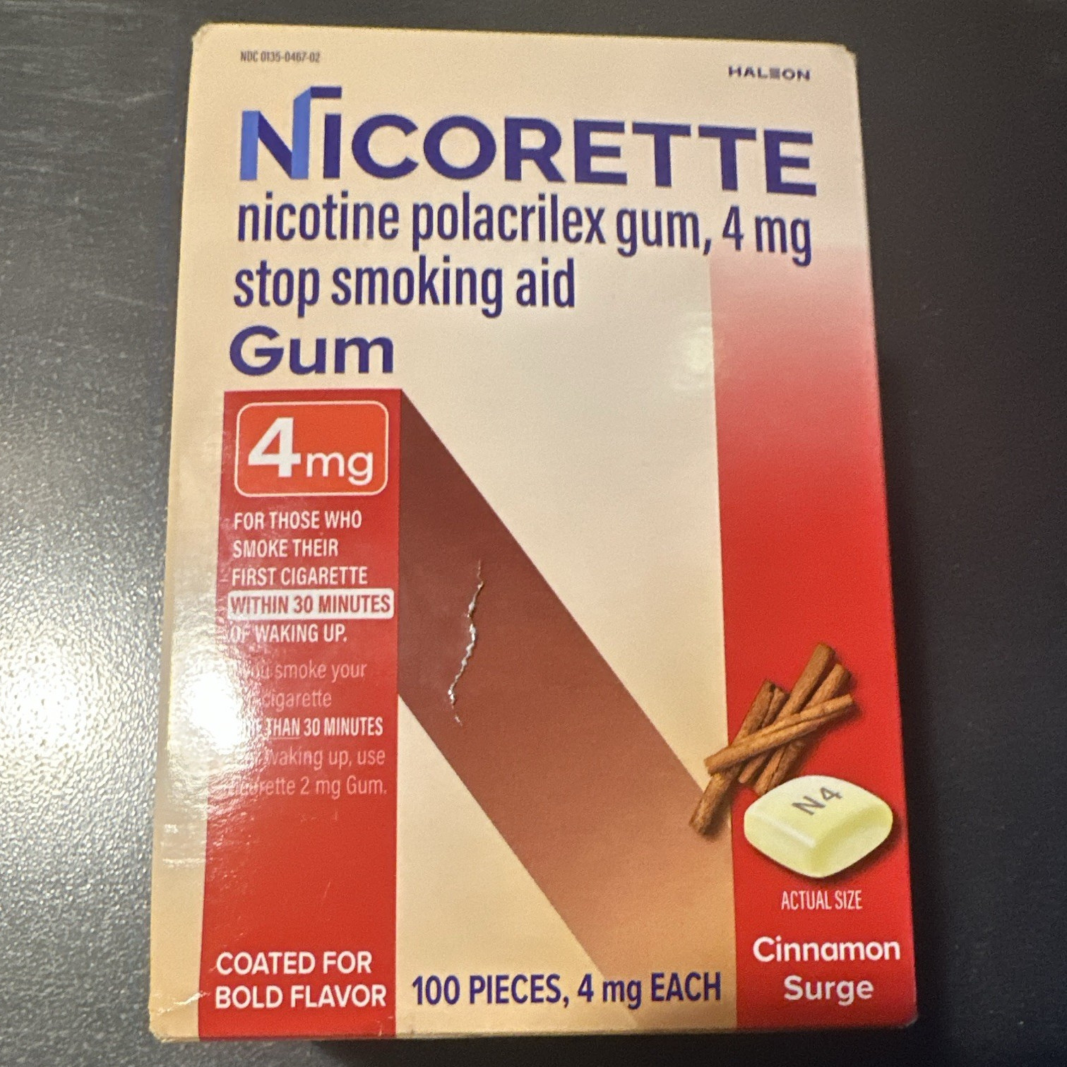 Nicorette 4mg Nicotine Coated Gum Anti Smoking Cinnamon Surge 100/pack exp 05/28