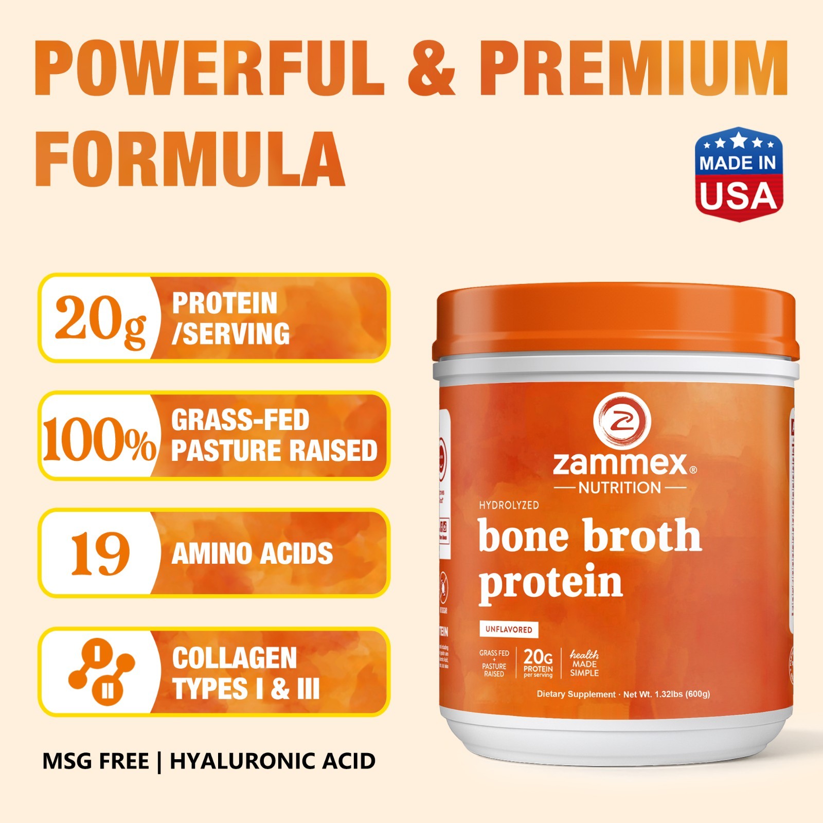Bone Broth protein Powder Pure Protein Organics Grass Fed Beef(1.32LB-600g)