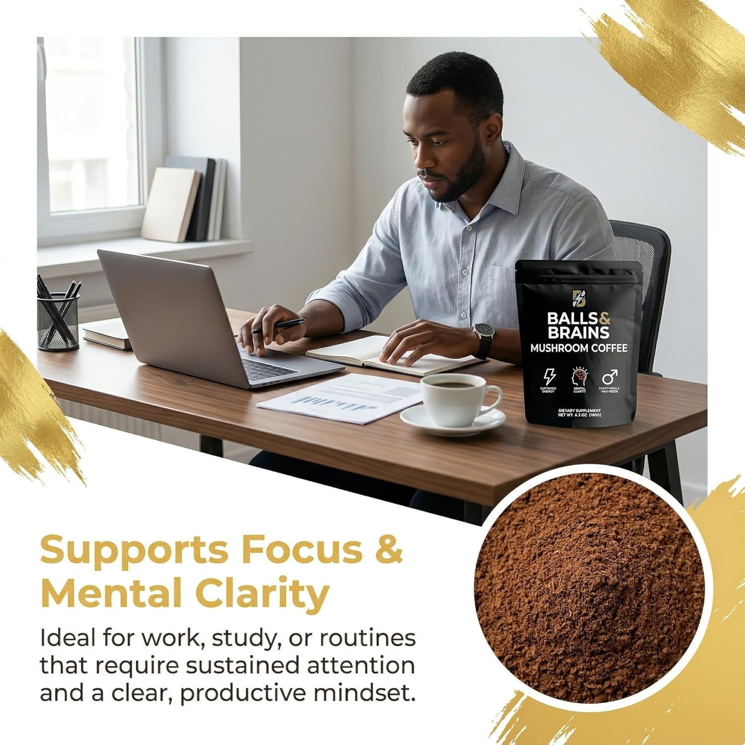 Balls n Brains Mushroom Coffee – Instant Coffee with Men’s Herbal Energy, Suppor